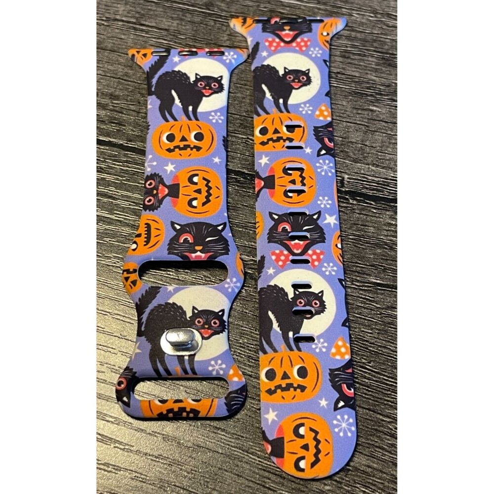 Halloween Smart Watch Band | Retro Black Cat & Moon Design | Soft Silicone Strap
